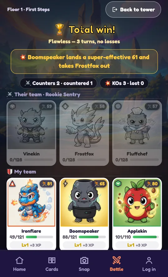 SnapMonster battle result screen showing counters 2, countered 1, and the super-effective hit that decided the match