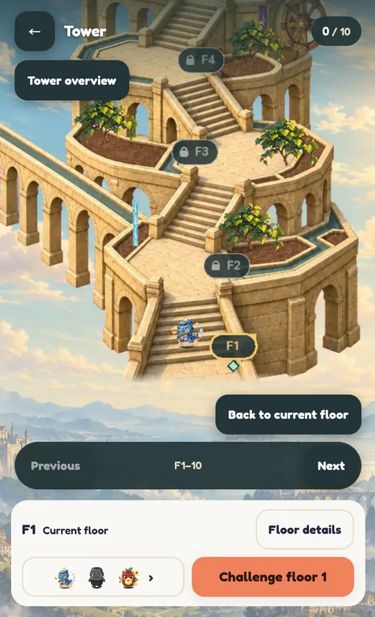 SnapMonster solo tower floor 1 running in a phone browser, not logged in