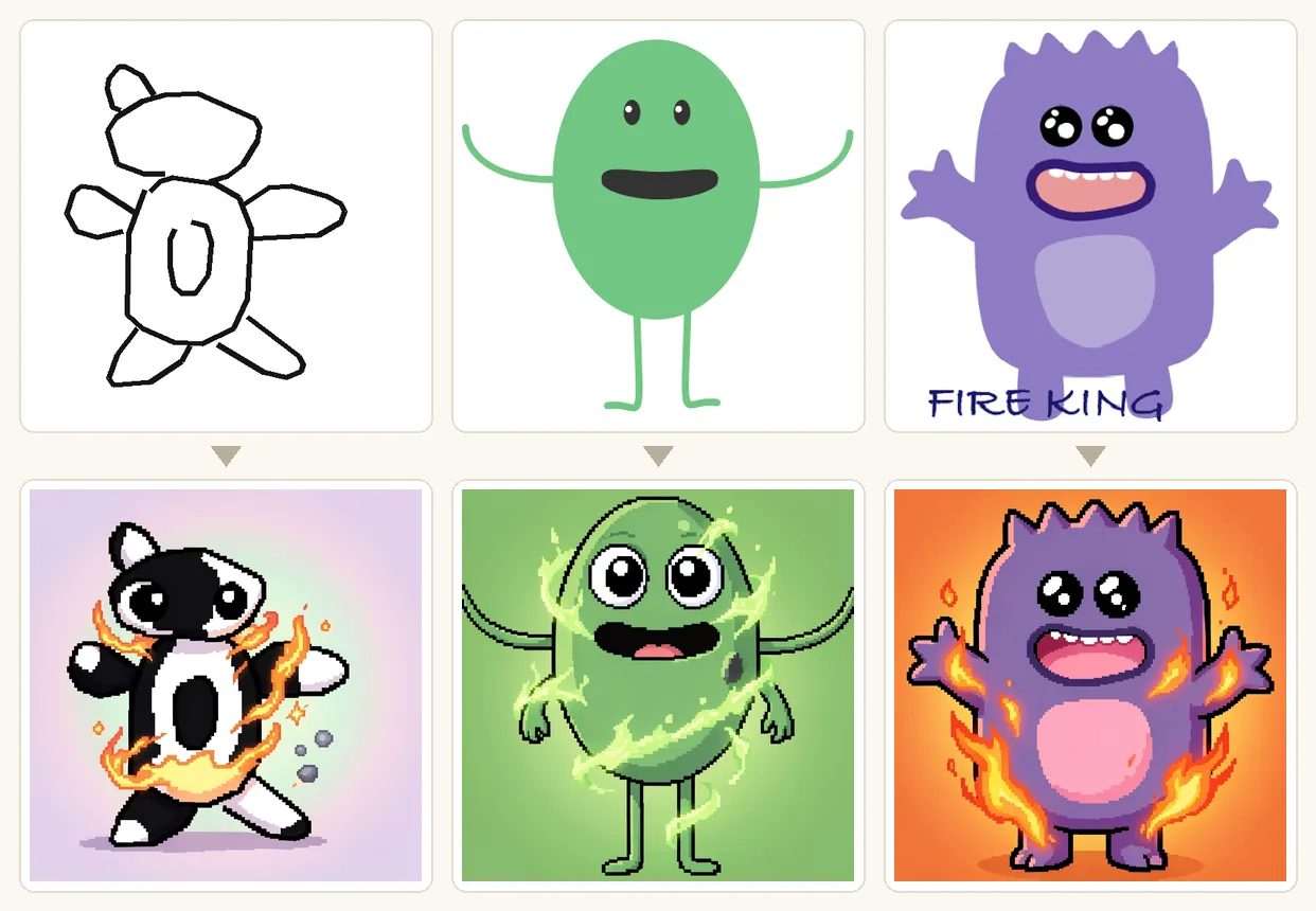 上段が手描きのラフ、下段がSnapMonsterが生成したモンスターカード