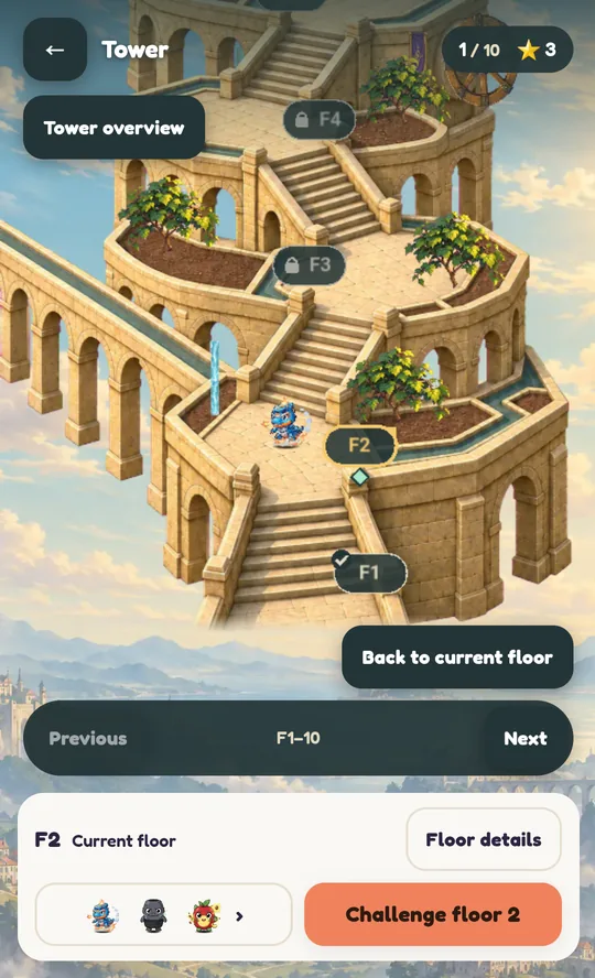 SnapMonster solo tower progress screen showing floor 1 of 10 cleared
